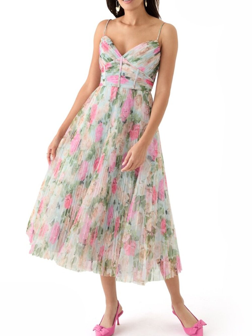 Betsy & Adam Women's Pleated Floral Print Chiffon Midi Dress Multi